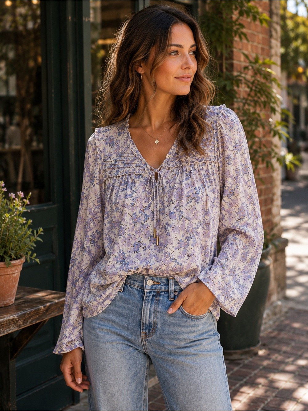 Bishop + Young XS Lavender Floral Ruffle Tie Neck Long Sleeve Boho Blouse